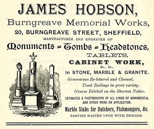 Advertisement for James Hobson, monuments, tombs and headstones, Burngreave Memorial Works, No. 20 Burngreave Street, 1889