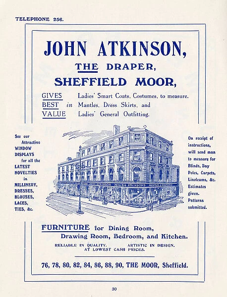 Advertisement for John Atkinson, The Draper, The Moor, Sheffield, 1907