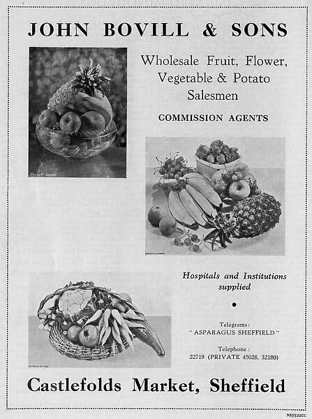 Advertisement for John Bovill and Sons, Fruit, Vegetable and Flower Merchant, Castlefolds Market, 1939