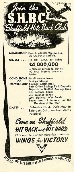 Advertisement: Join the Sheffield Hits Back Club [SHBC]: Come on Sheffield hit back and hit hard. That will be our contribution towards Wings for Victory, 1943