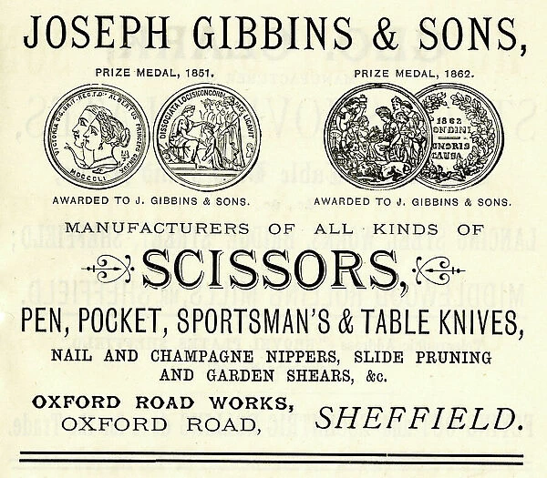 Advertisement for Joseph Gibbins and Sons and Sons, scissor and knife manufacturers, Oxford Road Works, Oxford Road, 1889