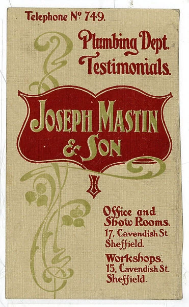 Advertisement for Joseph Mastin and Son, Builders, etc. Cavendish Street, Sheffield
