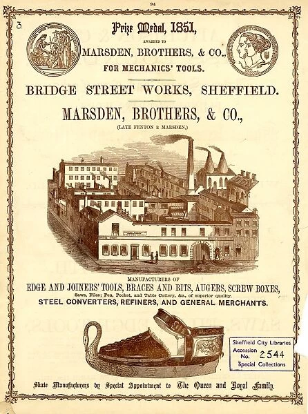 Advertisement for Marsden, Brothers and Co. Tool and Skate Manufacturer, Bridge Street Works, 1858
