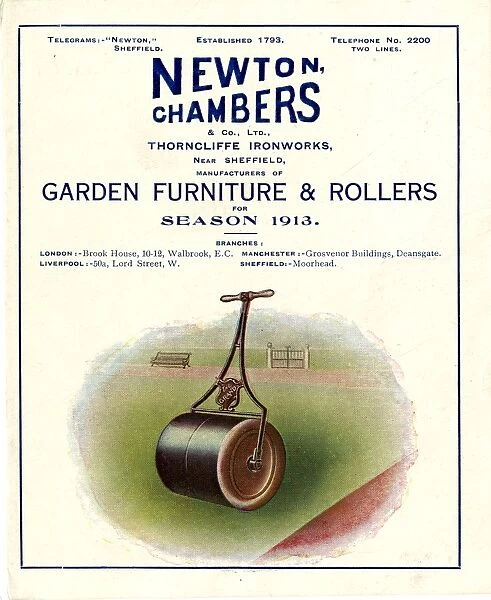 Advertisement for Newton Chambers and Co Ltd. Thorncliffe Ironworks, Garden Furniture and Rollers for 1913