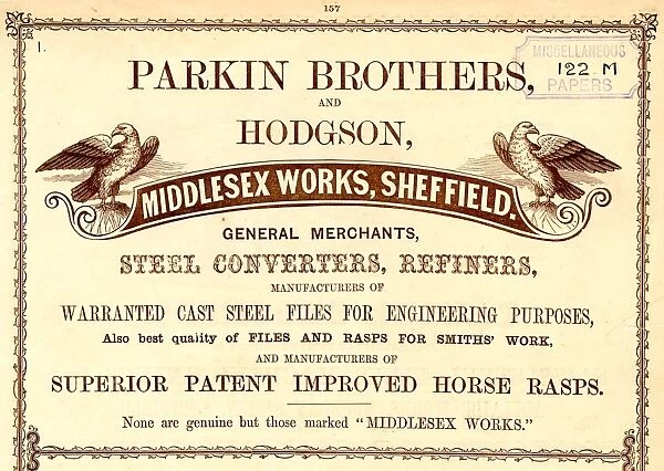 Advertisement for Parkin Brothers and Hodgson, Steel Converters and Refiners, etc. Middlesex Works, 1858
