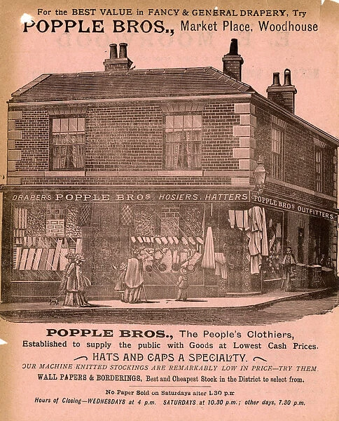 Advertisement for Popple Brothers, Market Place, Woodhouse