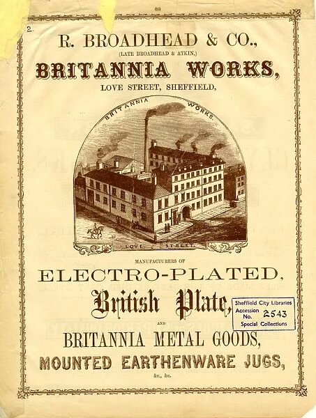 Advertisement for R Broadhead and Co. (late Broadhead and Atkin) Electroplaters, Britannia Works, Love Street, 1858