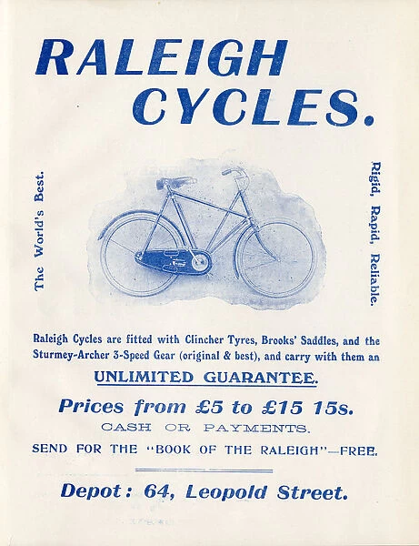 Advertisement for Raleigh cycles (Depot: 64 Leopold Street, Sheffield), 1907