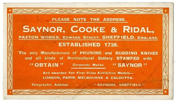 Advertisement for Saynor, Cooke and Ridal, Knife Manufacturers, Paxton Works, Edward Street, Sheffield