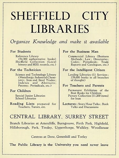 Advertisement for Sheffield City Libraries, 1939