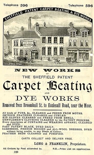 Advertisement for Sheffield Patent Carpet Beating and Dye Works, Ecclesall Road, near The Moor, 1889