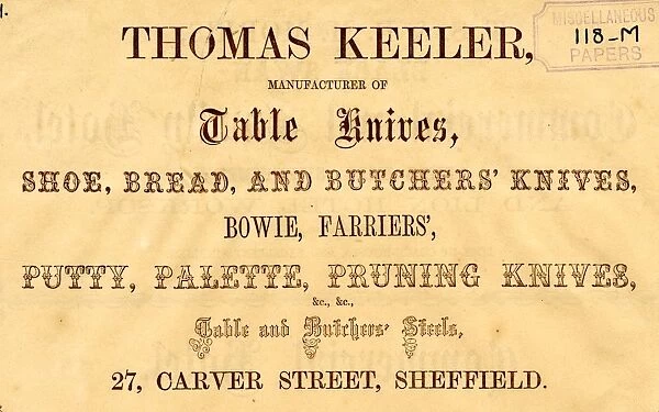 Advertisement for Thomas Keeler manufacturer of Table Knives, etc. 27 Carver Street, 1858