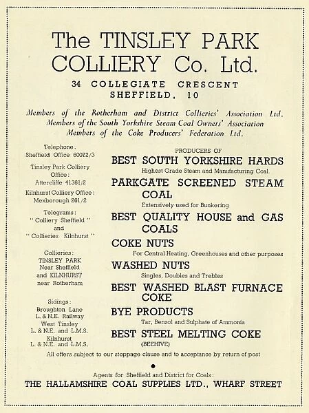 Advertisement for Tinsley Park Colliery Co. Ltd. 34 Collegiate Cresent, 1939