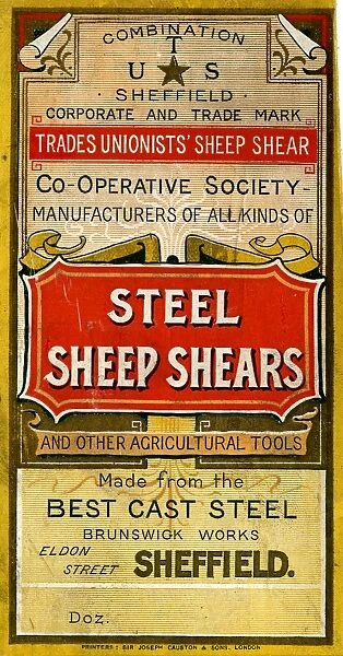 Advertisement for Trades Unionists Sheep Shear Co-operative Society steel sheep shears, Brunswick Works, Eldon Street, c. 1900