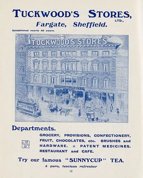 Advertisement for Tuckwoods Stores, groceries, provisions, chocolate and sweets, hardware, etc., Fargate, Sheffield, Yorkshire, 1907