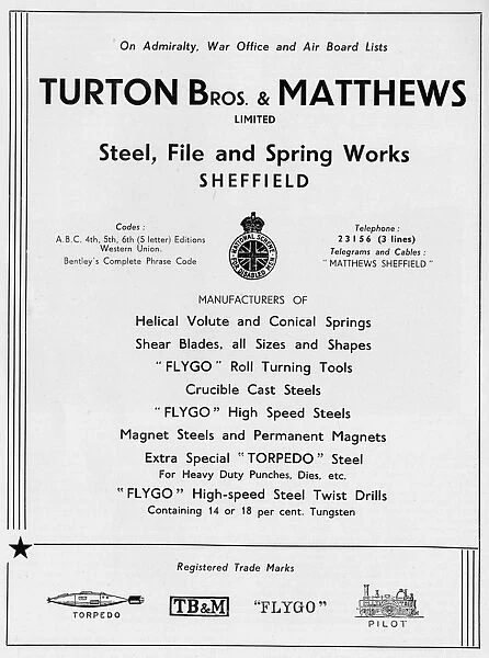 Advertisement for Turton Bros and Matthews, Ltd, Steel, File and Spring Works, Burton Road, 1939