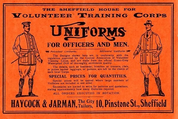 Advertisement: uniforms for the Sheffield Volunteer Training Corps from Haycock and Jarman, Pinstone Street, 1915