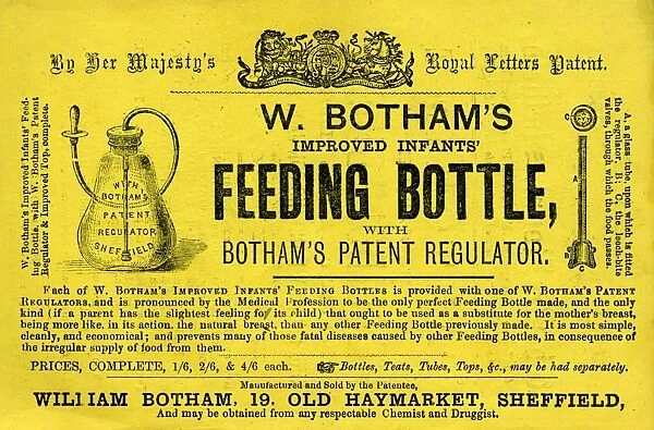 Advertisement for W. Bothams improved infants feeding bottle, 1866