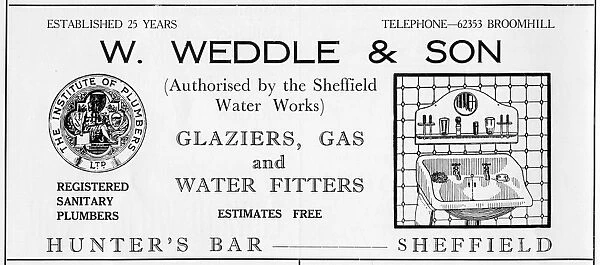 Advertisement for W. Weddle and Son. Glaziers, Gas and Water Fitters, Hunters Bar