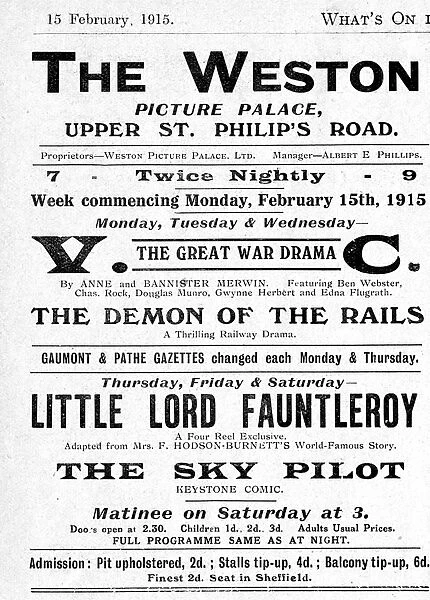 Advertisement: Weston Picture Palace cinema, Upper St Philips Road, 1915