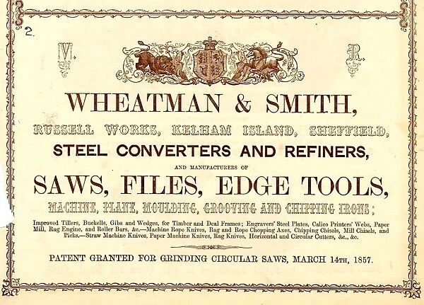 Advertisement for Wheatman and Smith, Steel Converters and Refiners, Russell Works, Kelham Island, 1858