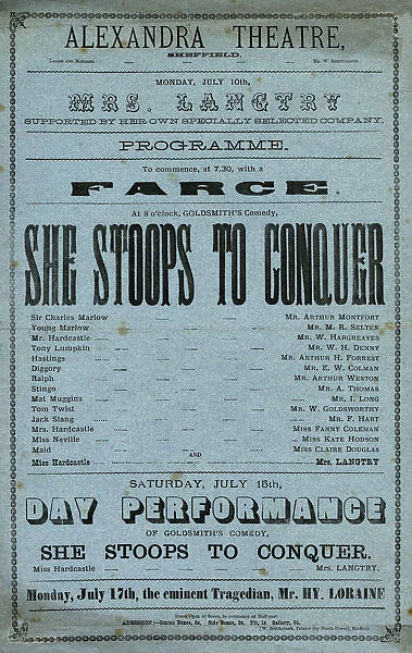 Alexander Theatre, Sheffield: playbill for Mrs Langtry in She Stoops to Conquer, 1976