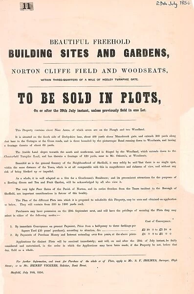 Beautiful freehold building sites and gardens, Norton Cliffe Fields and Woodseats to be sold in plots, 29 Jul 1856