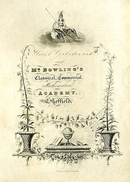 Book plate for Mr Bowlings classical, commercial and mathematical academy, Milk Street, Sheffield