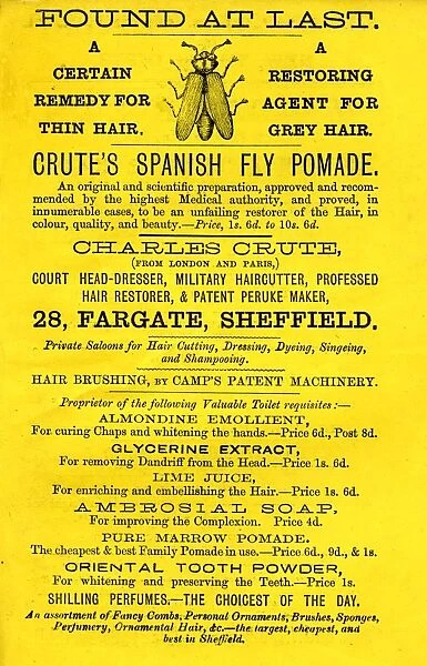 Found at last - a certain remedy for thin hair  /  a restoring agent for grey hair - Crutes Spanish Fly Pomade, 1866
