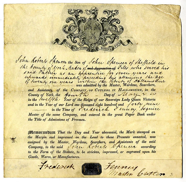 Certificate of admittance to the Company of Cutlers in Hallamshire of John Roberts Spencer, the son of John Spencer of Sheffield, maker of files ..., 1849