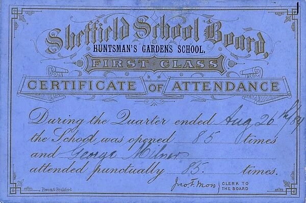 Certificate of Attendance (First Class) Sheffield School Board Huntsmans Gardens School for George Milner, 1891