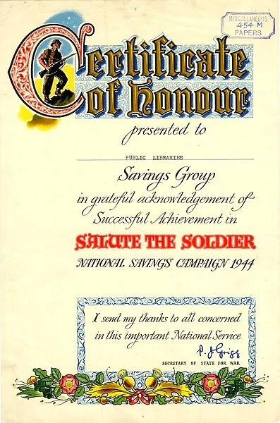 Certificate of honour presented to Public Libraries Savings Group, 1944