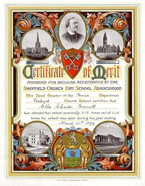 Certificate of merit awarded for regular attendance by the Sheffield Church Day School Association [awarded to Ella Elinda Marriott of Ecclesall Church School], 1899