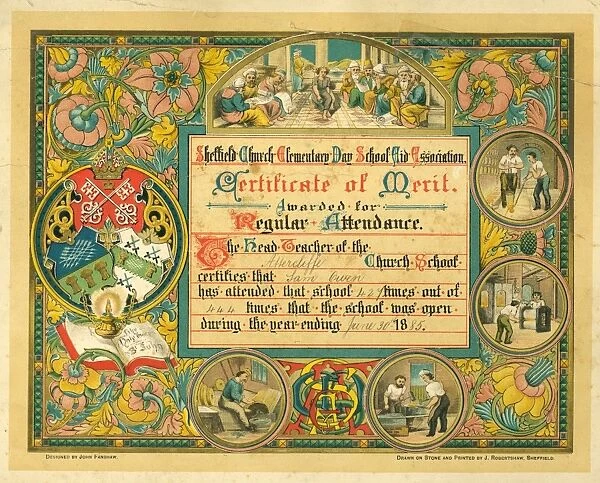 Certificate of Merit for Regular Attendance awarded to Sara Owen, 1885