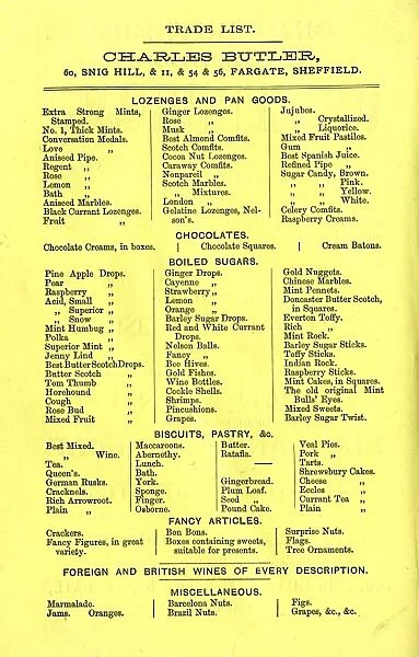 Charles Butlers confectioners - trade list of lozenges and pan goods, chocolates, boiled sugars, biscuits, pastry, fancy articles and wines, 1886
