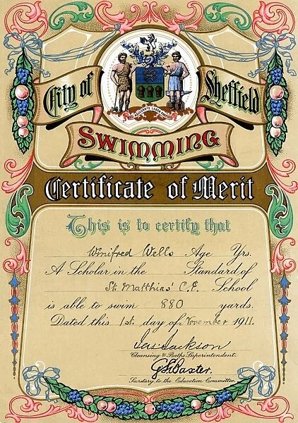 City of Sheffield Swimming Certificate awarded to Winifred Wells of St Matthias School, 1911