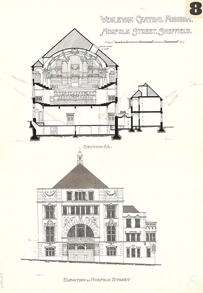 Competition entry for Wesleyan Central Mission, Norfolk Street (later Victoria Hall), c. 1907  /  8