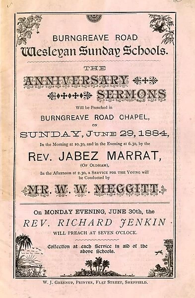 Cover of programme for the anniversary sermons at Burngreave Road Wesleyan Sunday Schools, 1884