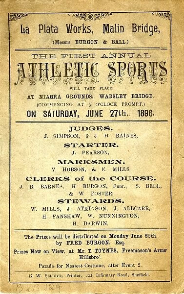 Cover of programme for Burgon and Ball, La Plata Works First Annual Athletic Sports, Niagara Grounds, 1896