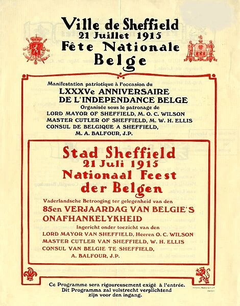 Cover of programme: Ville de Sheffield, 21 Juillet 1915, Fete Nationale Belge, 1915