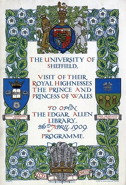 Cover of programme for the visit of their Royal Highnesses the Prince and Princess of Wales to open the Edgar Allen Library, 1909