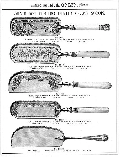 Crumb scoops, manufactured by Martin, Hall and Co Ltd. Silversmiths, Electro Plate and Cutlery Manufacturers, Shrewsbury Works, 53 Broad Street, Park, Sheffield, c. 1900