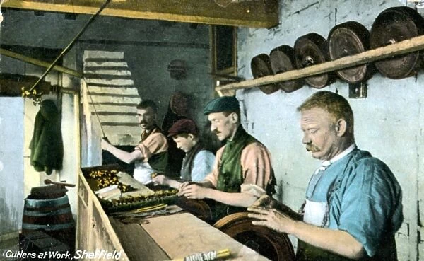 Cutlers at work buffing handles for cutlery, Sheffield, Yorkshire, c. 1900