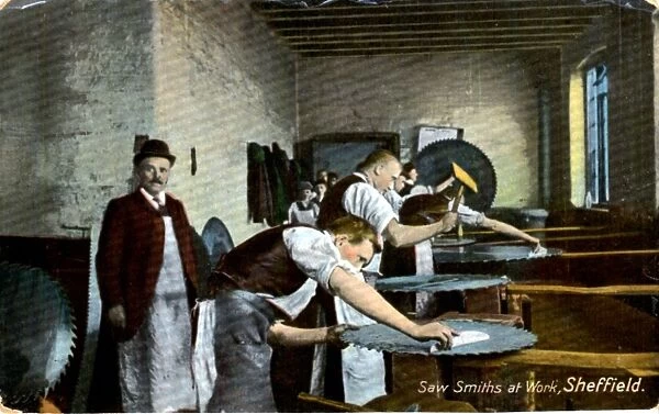 Edge Tool Manufacture, Sawsmiths at work, Setting Circular Saws, Sheffield, c. 1900
