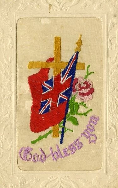 Embroidered World War One postcard with motif God Bless You