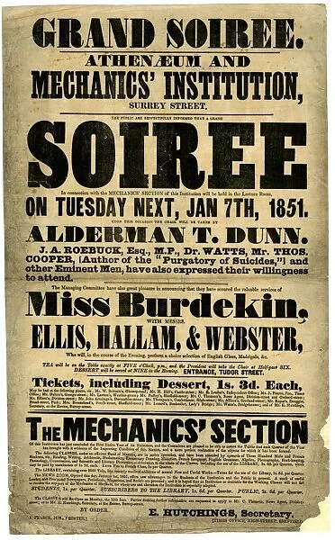 Grand Soiree, Athenaeum and Mechanics Institution, Surrey Street. The public are respectfully informed that a grand Soiree in connection with the Mechanics Section of this institution will be held a, 1851