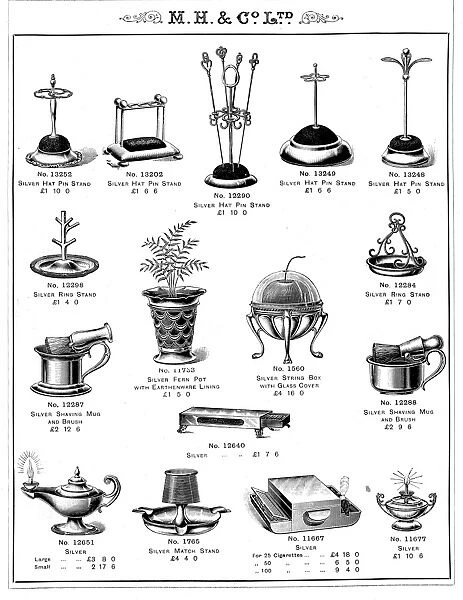 Hat pin stands and other silver and electro-plated items manufactured by Martin, Hall and Co Ltd. Silversmiths, Electro Plate and Cutlery Manufacturers, Shrewsbury Works, 53 Broad Street, Park, Sheffield, c. 1900