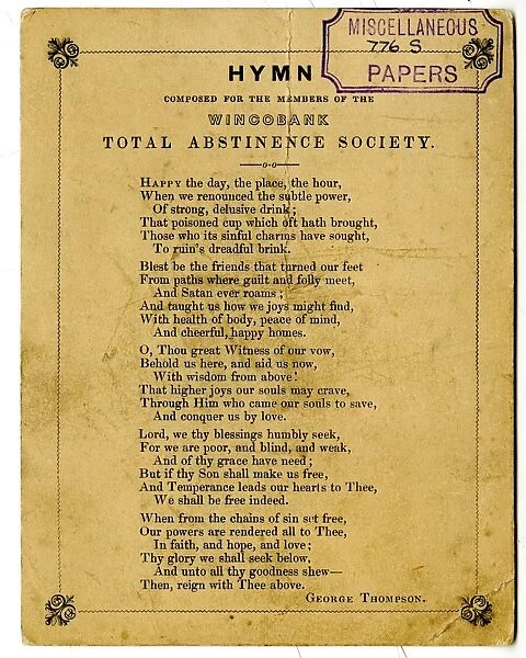 Hymn composed for the members of the Wincobank Total Abstinence Society, 19th cent