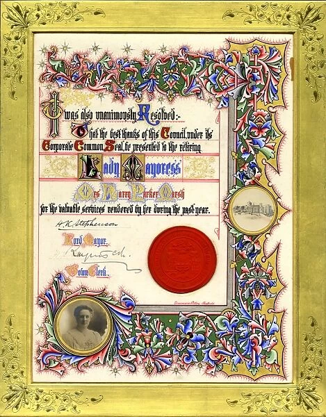 Illuminated address given by the members of the City Council in gratitude for Councillor and Mrs Marshs work as Lord Mayor and Lady Mayoress over the previous year, 1908