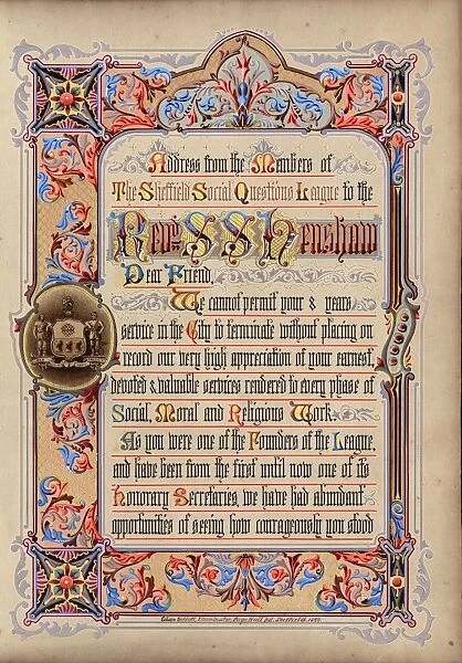 Illuminated address from the members of the Sheffield Social Questions League to the Rev. Samuel Shipley Henshaw (page 1), 1899